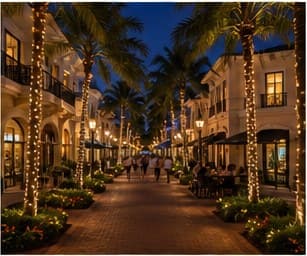 People walking and dining outdoors on a palm-lined Naples street