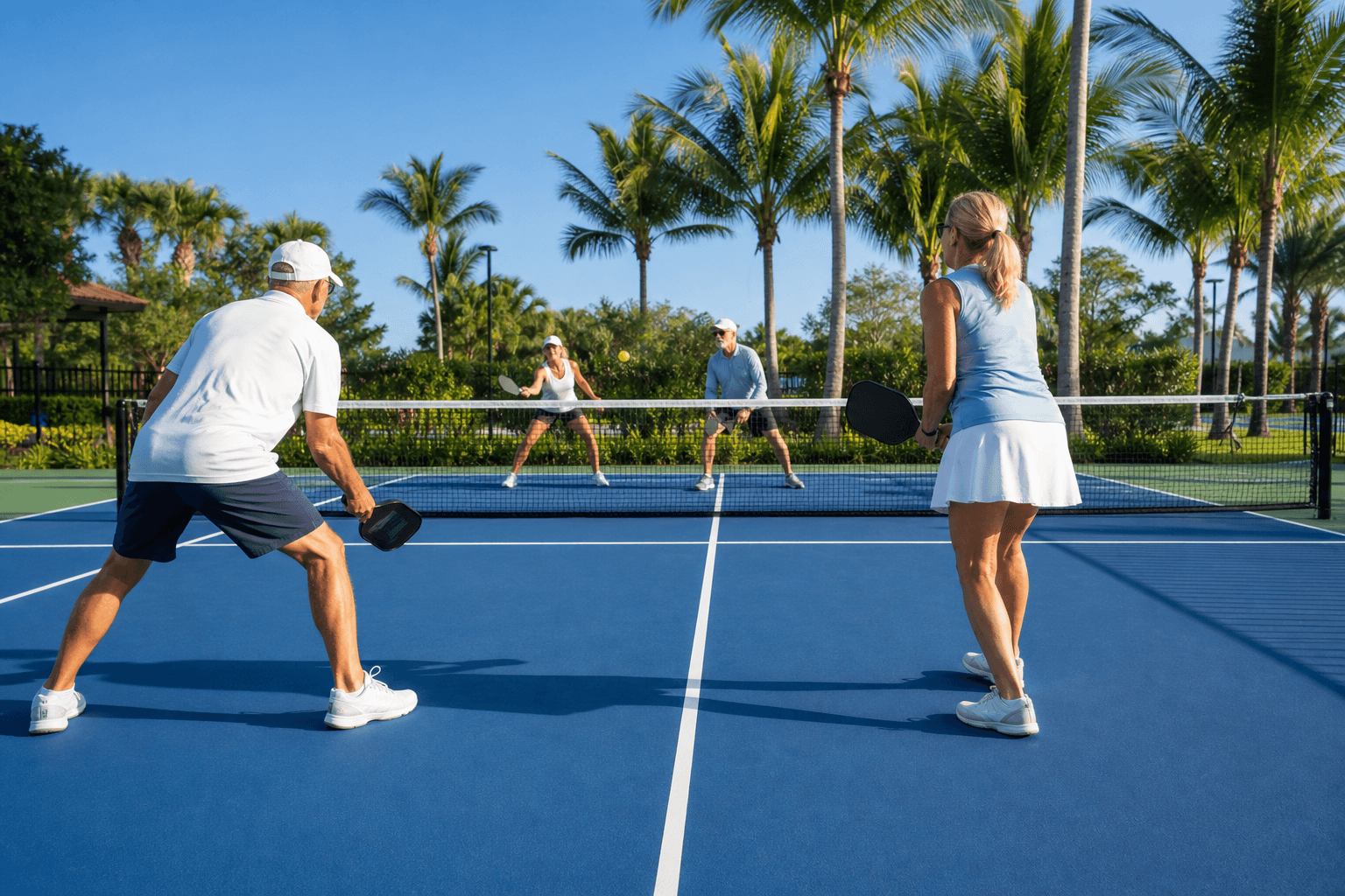 Outdoor Naples pickleball courts with players and palm trees