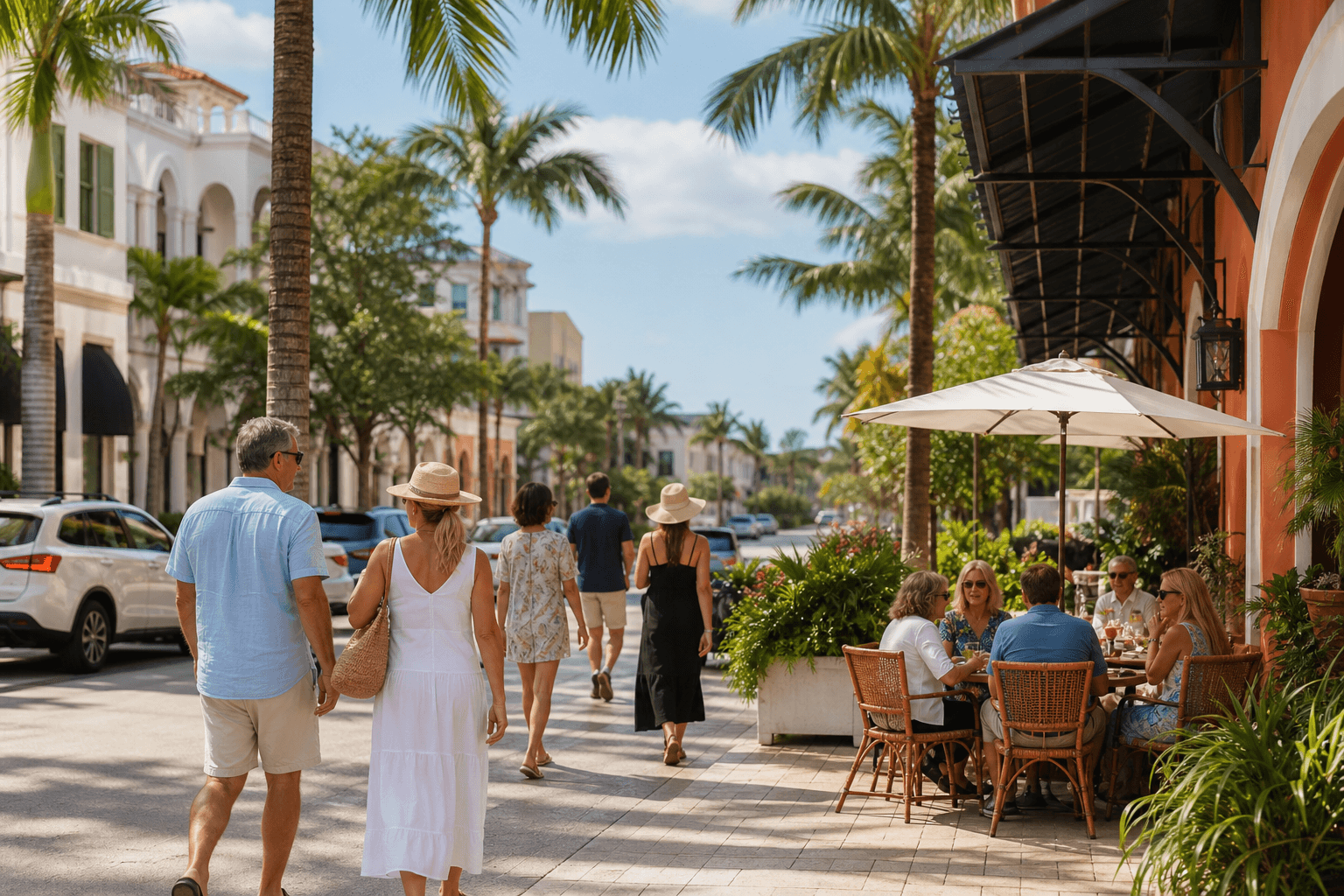 People walking and dining outdoors on a palm-lined Naples street