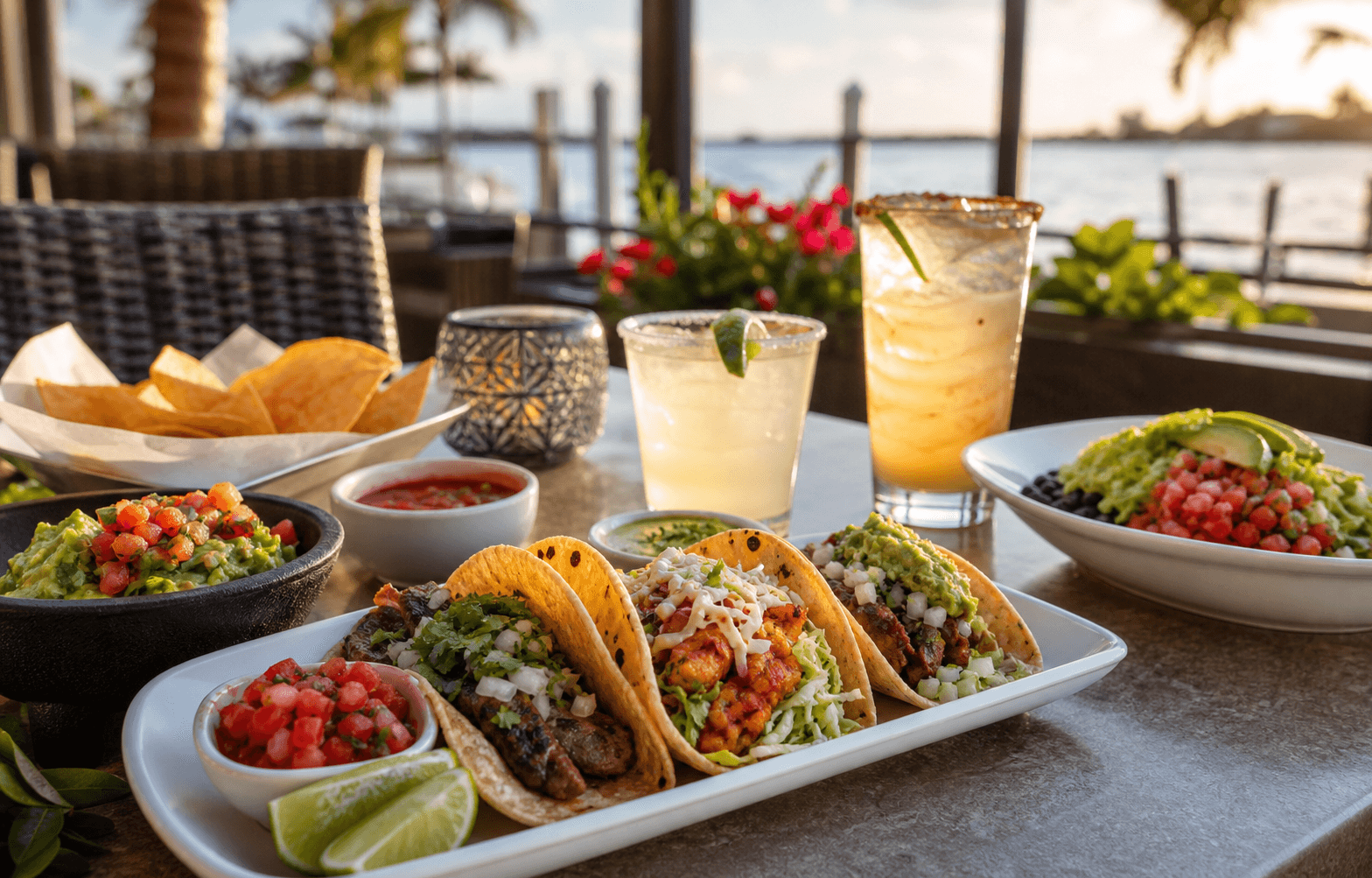 Tacos, salsa, guacamole, and drinks on a waterfront Naples restaurant table